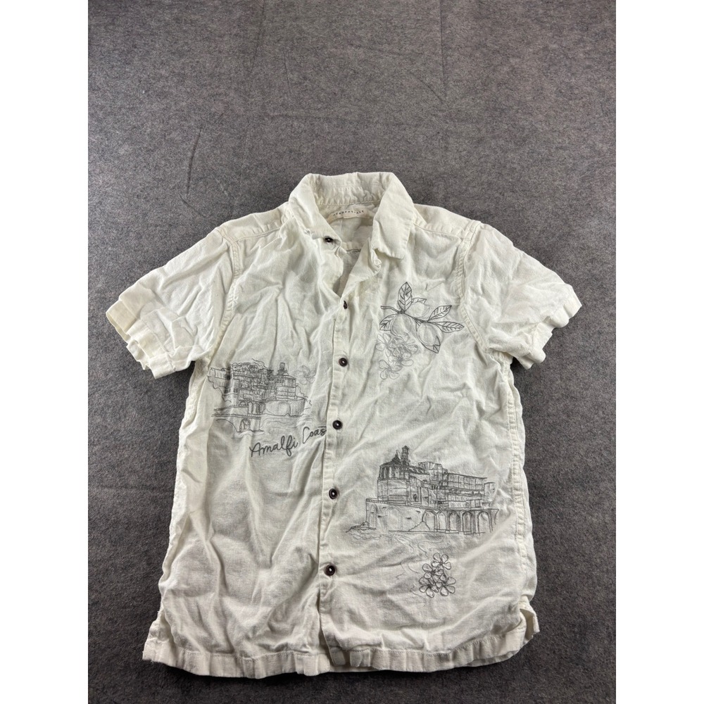 Aeropostale Size XS Amalfi Coast Graphic Linen Blend Button Down Shirt Cream